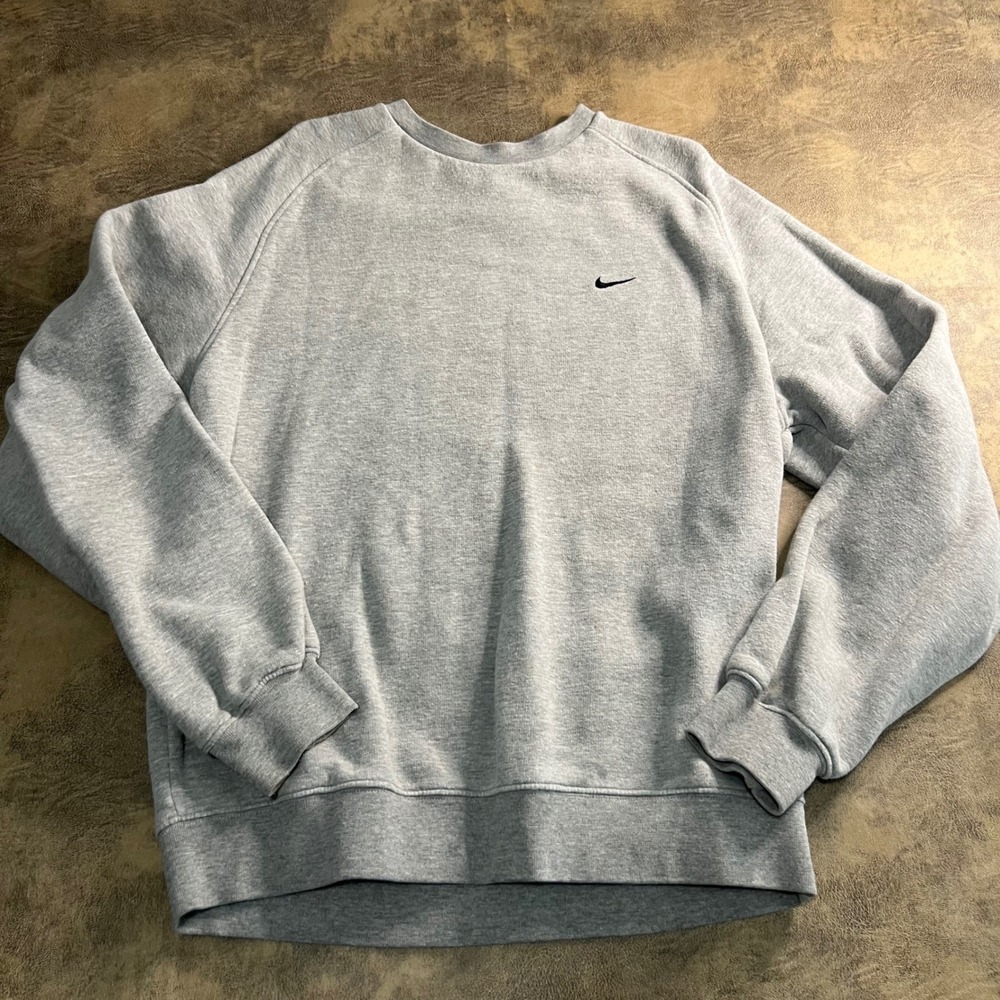 Nike Sweatshirt Mens L Gray Crewneck Raglan Swoosh Fleece Pullover Y2K SEE STAIN